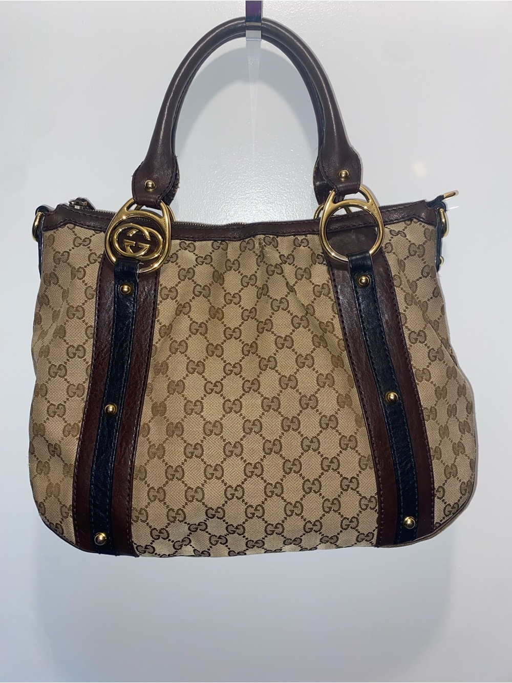 Gucci Beige GG Canvas Shoulder Bag with Dark Brown Leather Trim